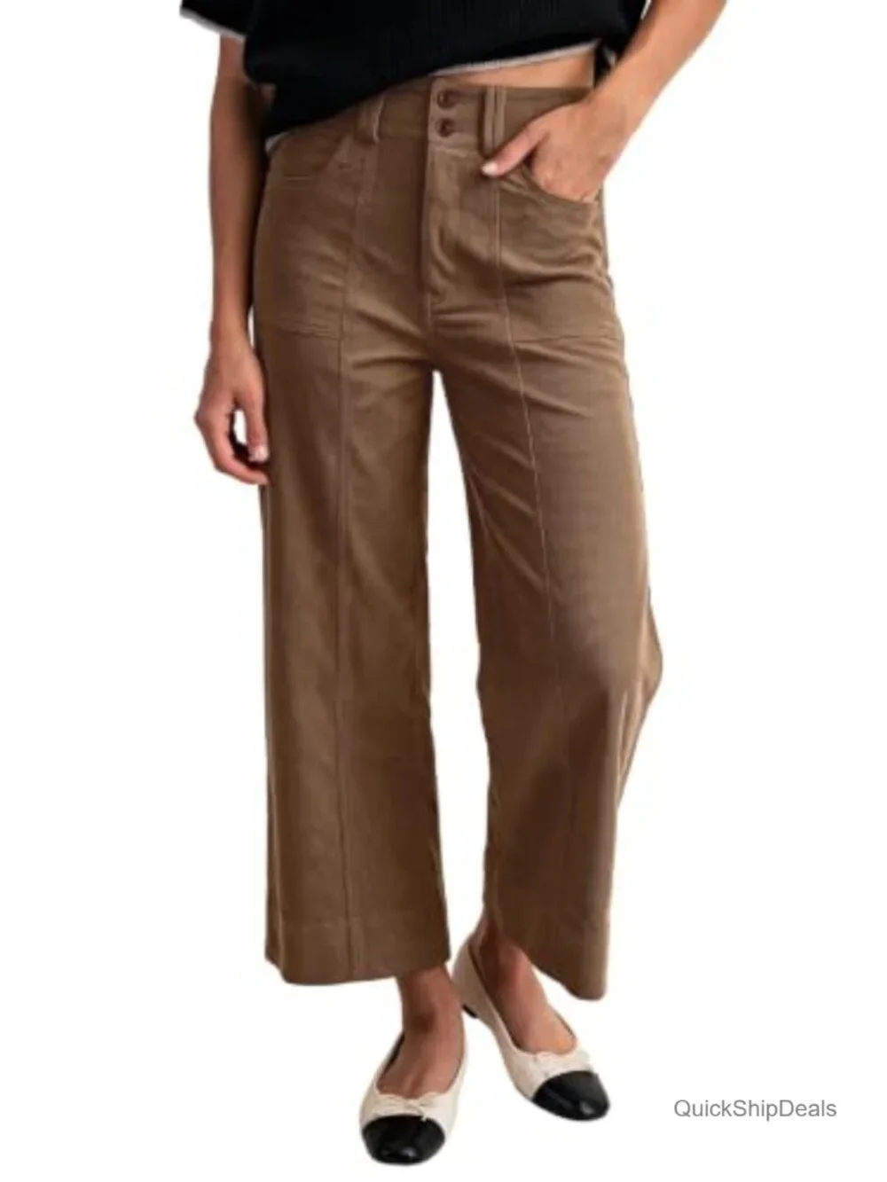 High Waisted Double Button Wide Leg Corduroy Pants Trousers Pockets